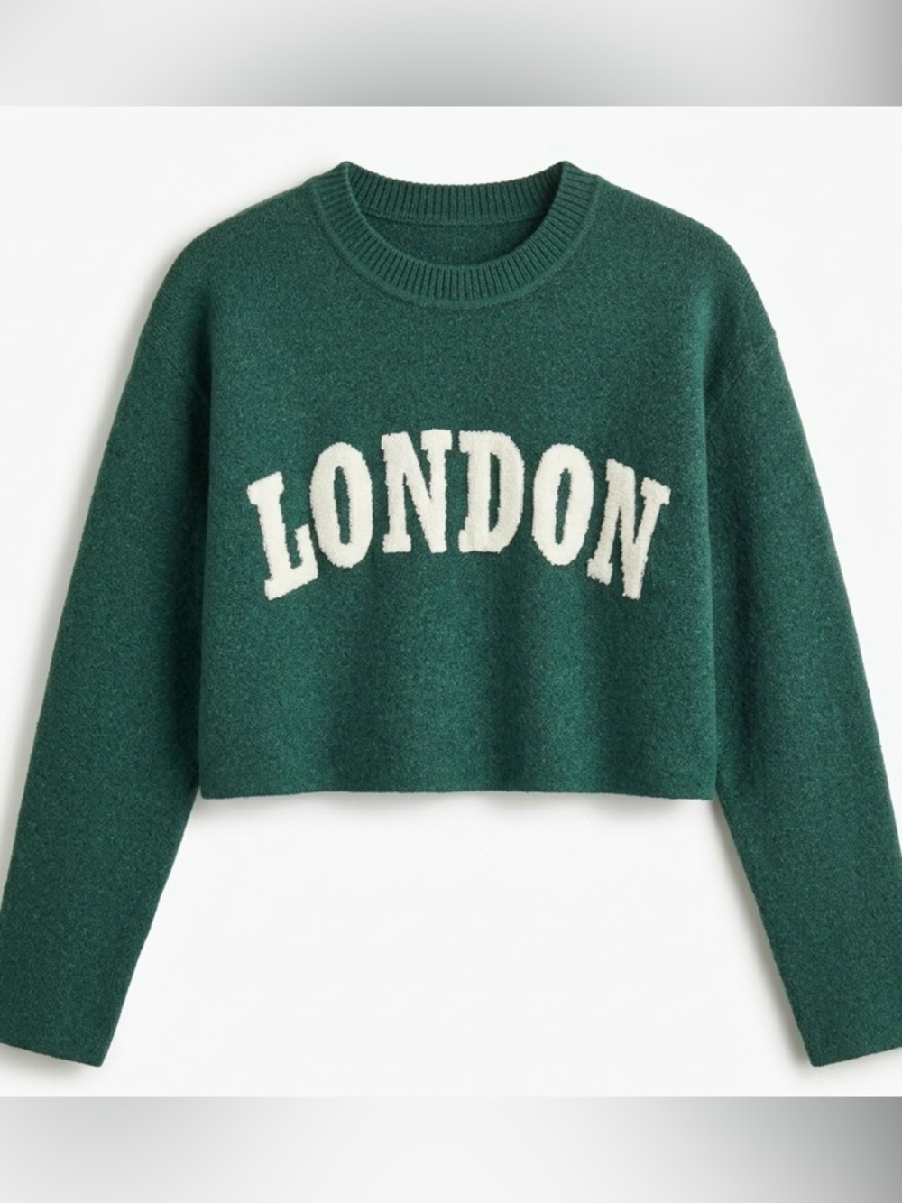 NOBO Green Cropped "LONDON" Crewneck Sweater with Cream Lettering